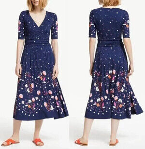 Boden Kassidy Midi Dress 4P Petite Jersey Knit Navy Floral Fit & Flare V Neck